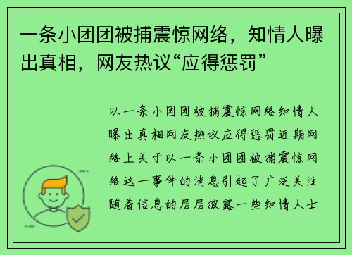 一条小团团被捕震惊网络，知情人曝出真相，网友热议“应得惩罚”