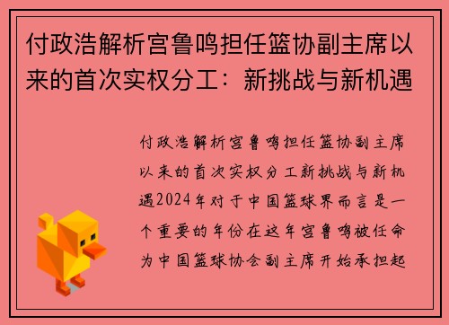 付政浩解析宫鲁鸣担任篮协副主席以来的首次实权分工：新挑战与新机遇