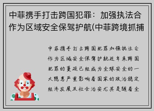 中菲携手打击跨国犯罪：加强执法合作为区域安全保驾护航(中菲跨境抓捕)