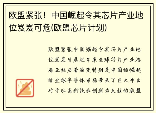 欧盟紧张！中国崛起令其芯片产业地位岌岌可危(欧盟芯片计划)